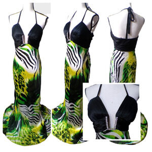 Vtg Cache 6 Halter Maxi Formal 100% silk Lime Black Fairy whimsigoth Nwt Hoco